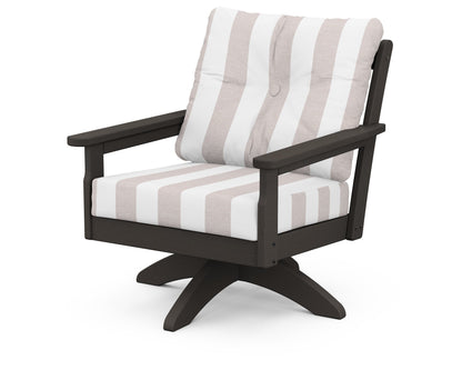 POLYWOOD® Vineyard Deep Seating Swivel Chair in Vintage Coffee / Cabana Stripe Dune Burlap