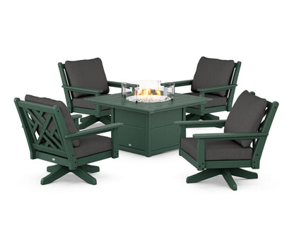 POLYWOOD® Chippendale 5-Piece Deep Seating Swivel Conversation Set with Fire Pit Table in Green / Spectrum Carbon