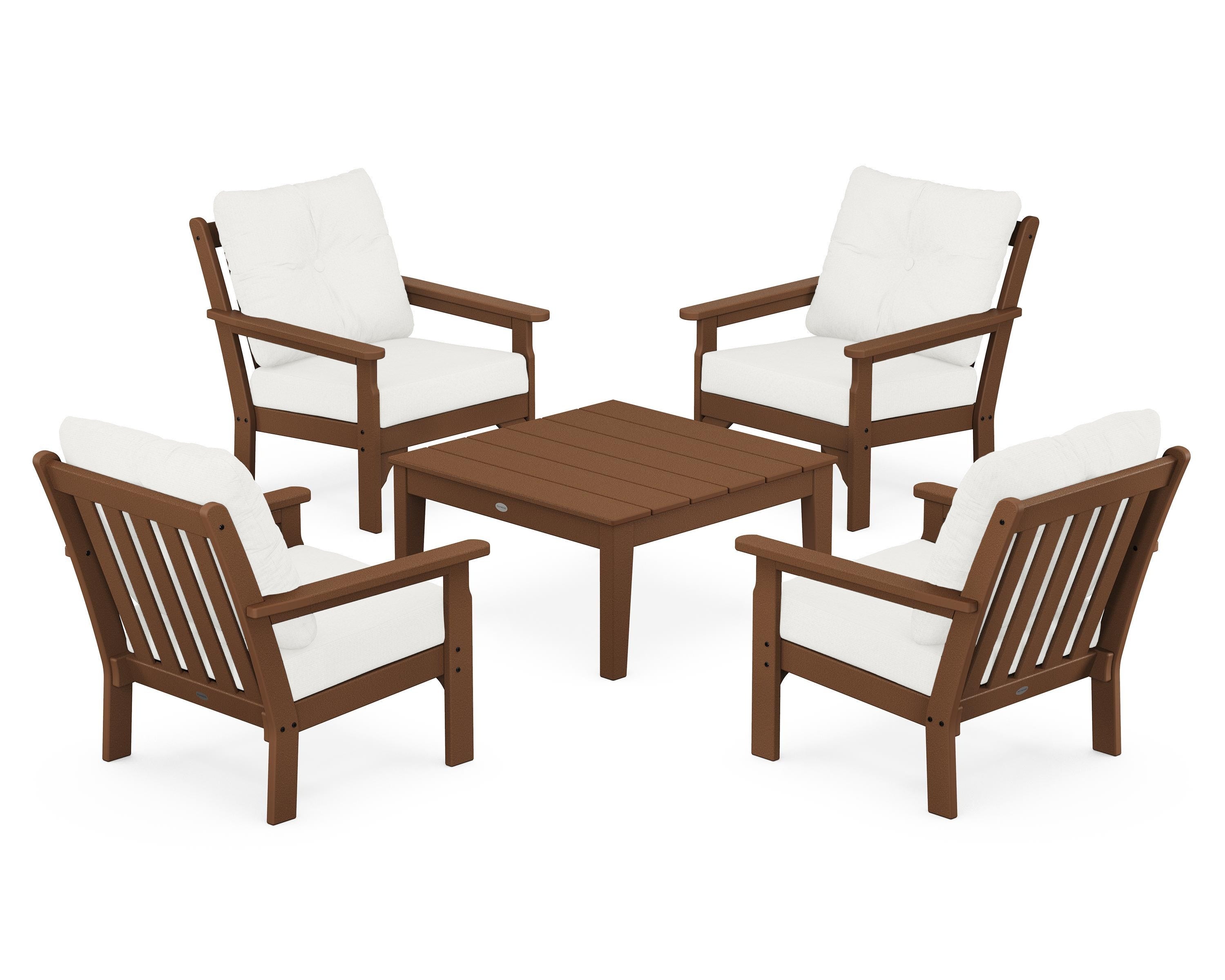 POLYWOOD® Vineyard 5-Piece Deep Seating Conversation Set in Teak / Natural Linen