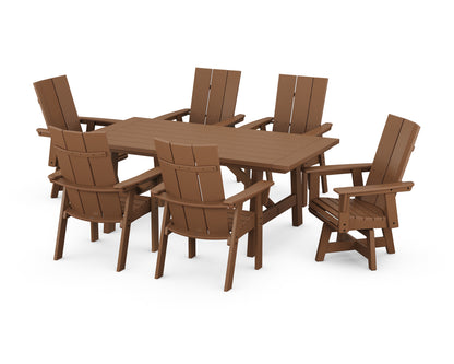 POLYWOOD® Modern Curveback Adirondack 7-Piece Rustic Farmhouse Swivel Dining Set in Teak