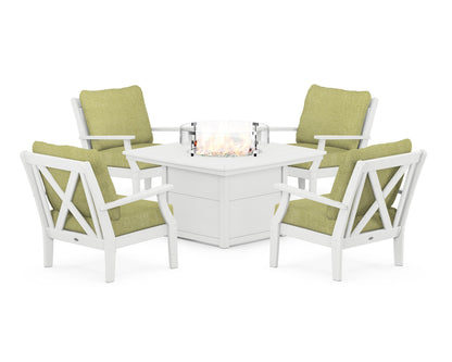 POLYWOOD® Braxton 5-Piece Deep Seating Conversation Set with Fire Pit Table in White / Chartreuse Boucle