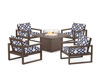 POLYWOOD® EDGE Sectional 5-Piece Deep Seating Set with Fire Pit Table in Mahogany / Trellis Navy