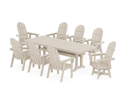 POLYWOOD® Vineyard 9-Piece Curveback Adirondack Swivel Farmhouse Dining Set with Trestle Legs in Sand