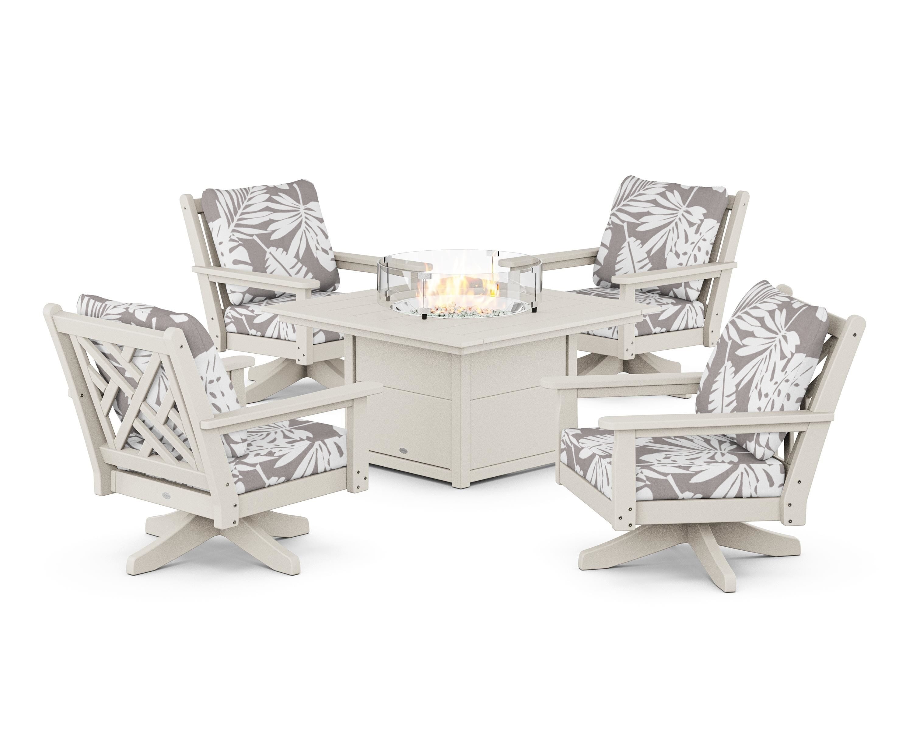 POLYWOOD® Chippendale 5-Piece Deep Seating Swivel Conversation Set with Fire Pit Table in Sand / Leaf Grey Mist