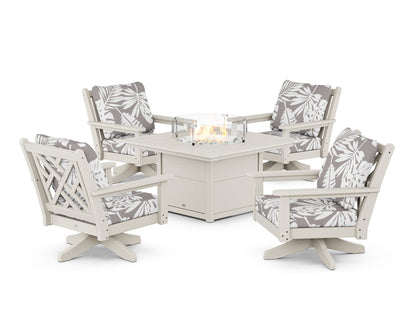 POLYWOOD® Chippendale 5-Piece Deep Seating Swivel Conversation Set with Fire Pit Table in Sand / Leaf Grey Mist