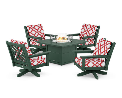 POLYWOOD® Chippendale 5-Piece Deep Seating Swivel Conversation Set with Fire Pit Table in Green / Trellis Crimson