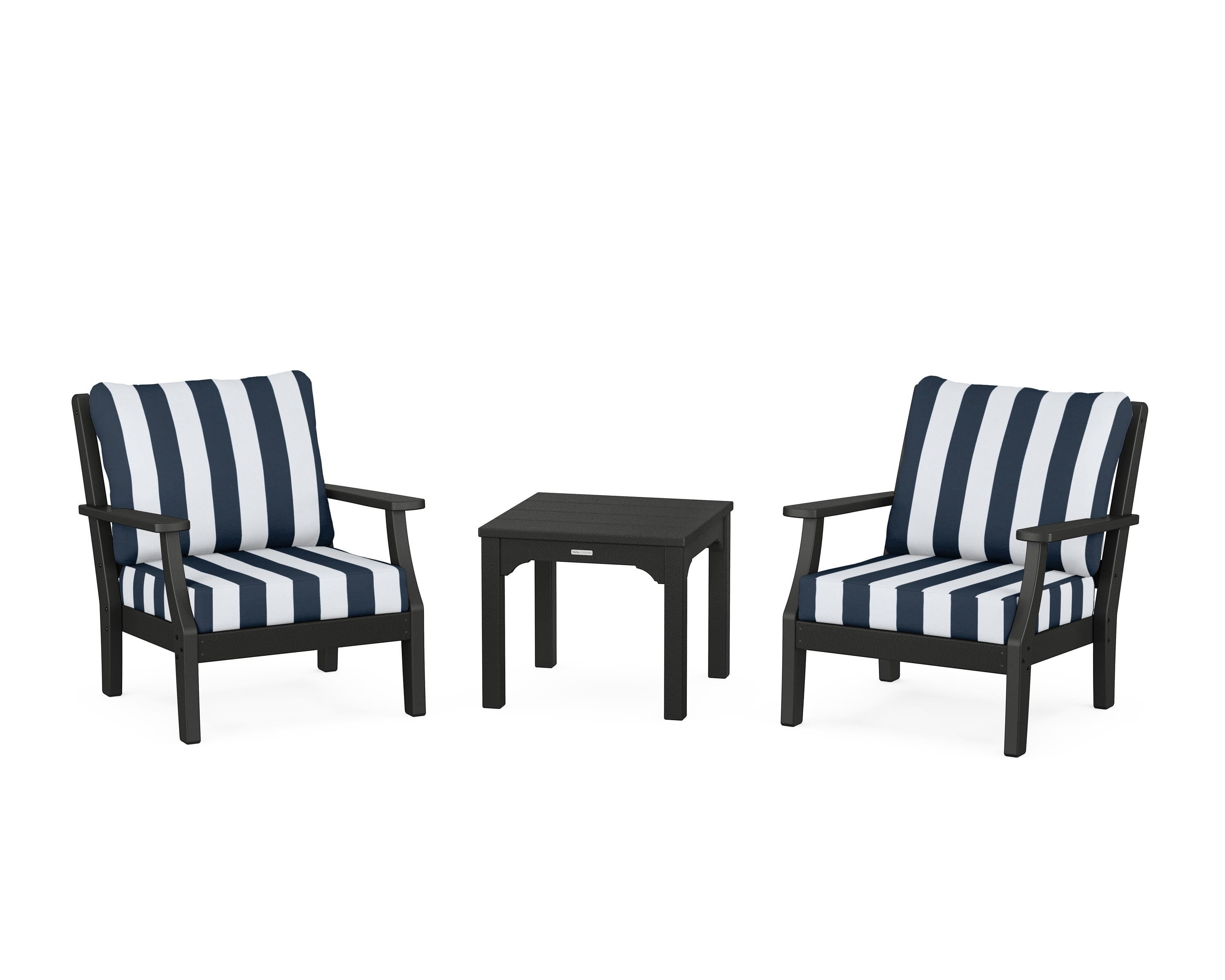 Martha Stewart by POLYWOOD® Chinoiserie 3-Piece Deep Seating Set in Black / Cabana Stripe Marine Indigo