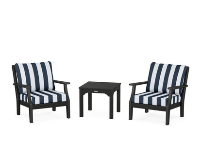 Martha Stewart by POLYWOOD® Chinoiserie 3-Piece Deep Seating Set in Black / Cabana Stripe Marine Indigo