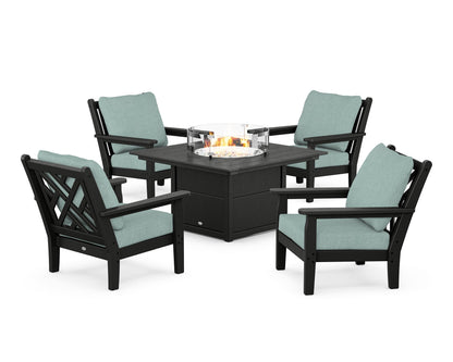 POLYWOOD® Chippendale 5-Piece Deep Seating Set with Fire Pit Table in Black / Glacier Spa
