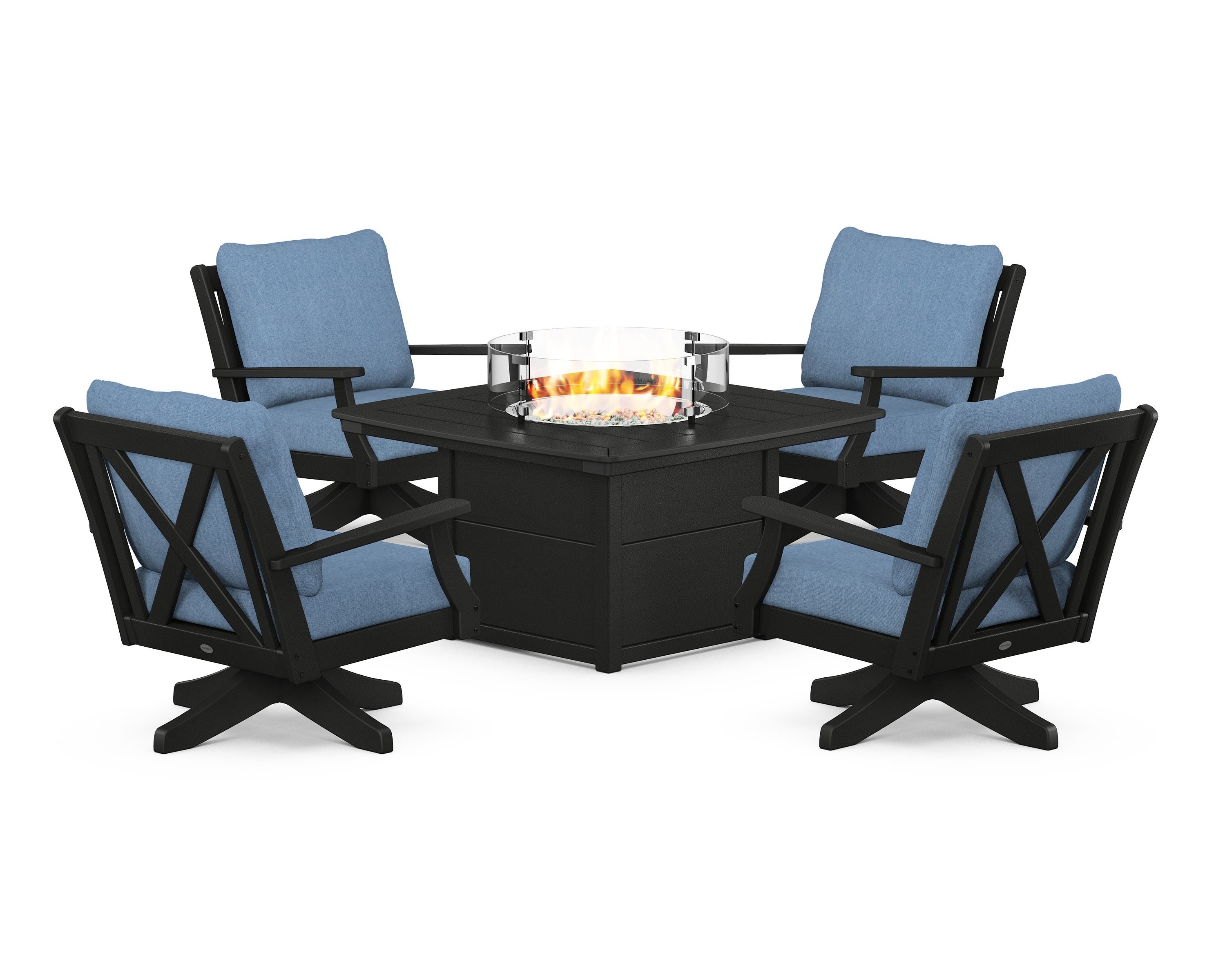 POLYWOOD® Braxton 5-Piece Deep Seating Swivel Conversation Set with Fire Pit Table in Black / Sky Blue