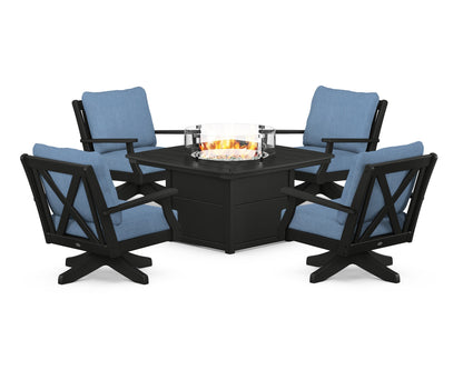 POLYWOOD® Braxton 5-Piece Deep Seating Swivel Conversation Set with Fire Pit Table in Black / Sky Blue