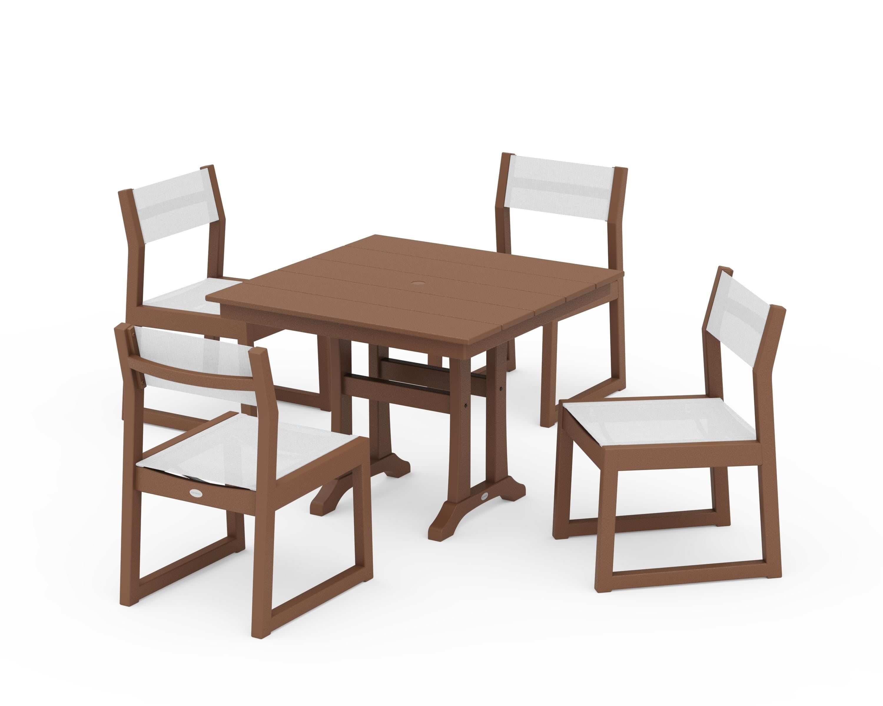 POLYWOOD® EDGE Sling 5-Piece Farmhouse Trestle Side Chair Dining Set in Teak / White Sling