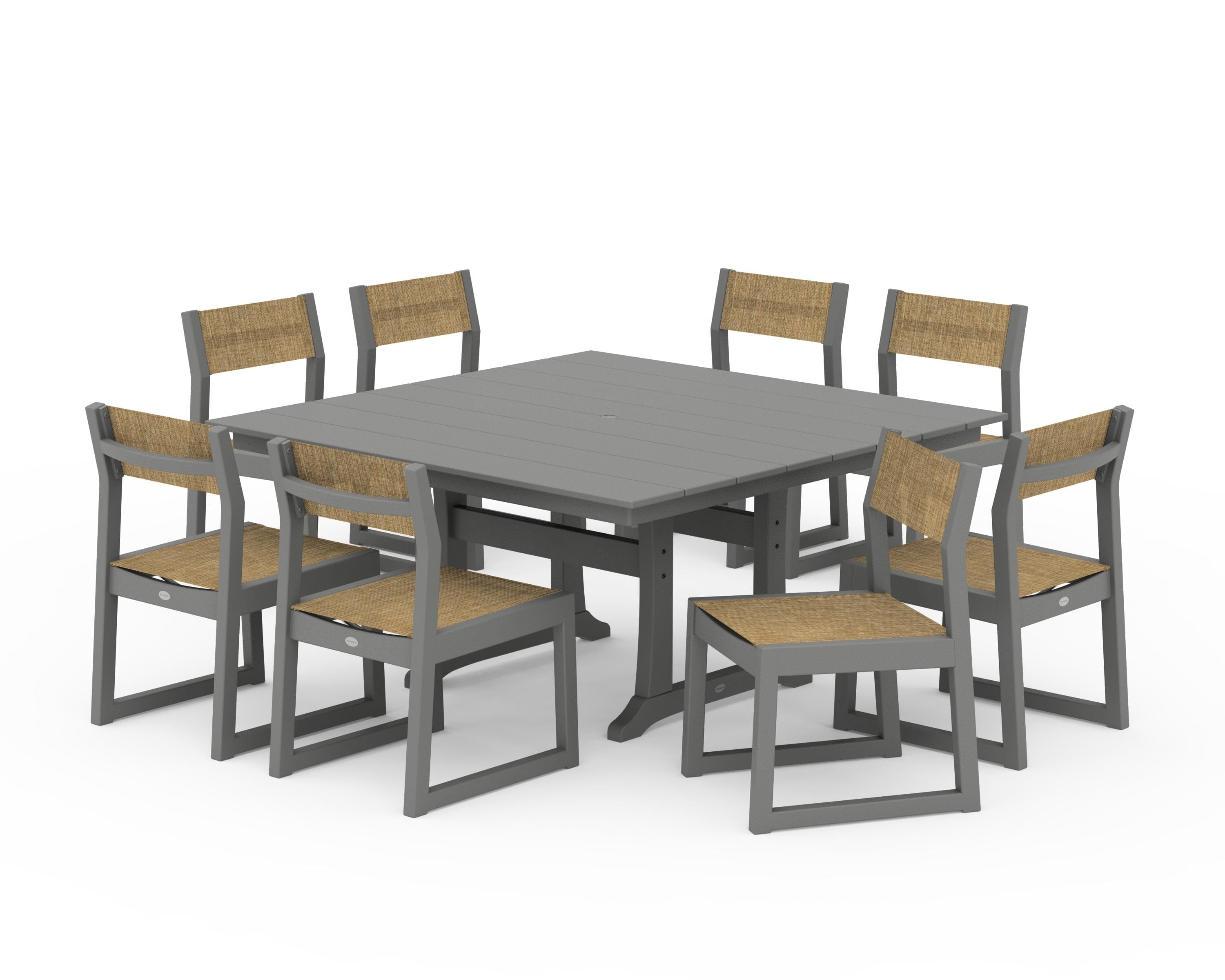 POLYWOOD® EDGE Sling Side Chair 9-Piece Farmhouse Trestle Dining Set in Slate Grey / Burlap Sling