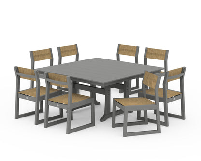 POLYWOOD® EDGE Sling Side Chair 9-Piece Farmhouse Trestle Dining Set in Slate Grey / Burlap Sling