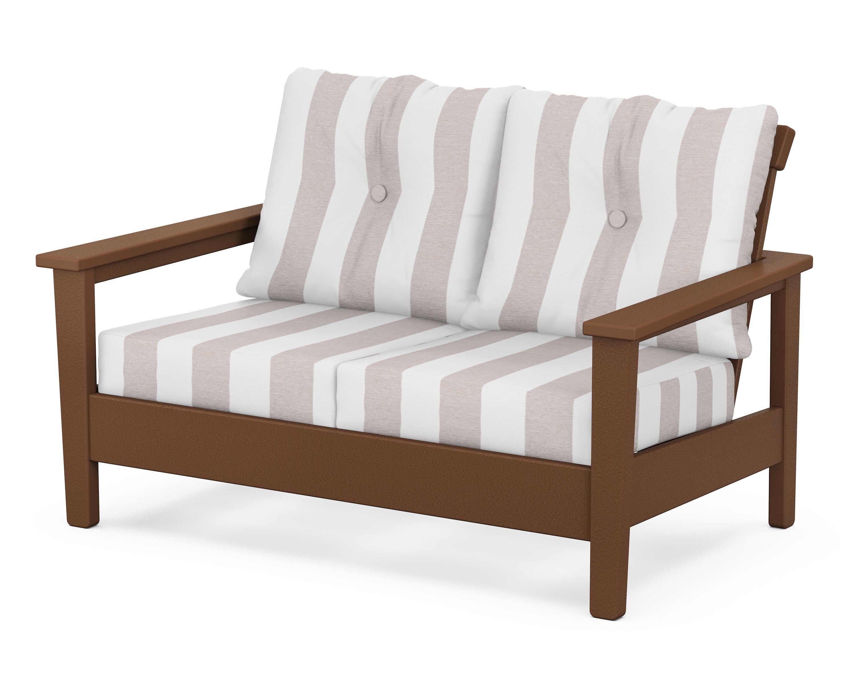 POLYWOOD® Prescott Deep Seating Loveseat in Teak / Cabana Stripe Dune Burlap