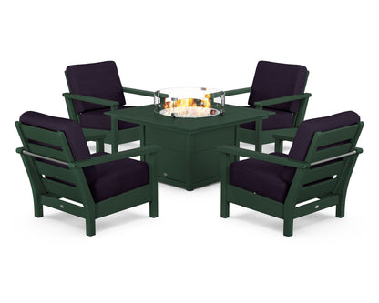 POLYWOOD® Harbour 5-Piece Conversation Set with Fire Pit Table in Green / Navy Linen