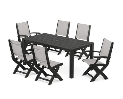 POLYWOOD® Coastal Folding Chair 7-Piece Parsons Dining Set in Black / Parchment Sling
