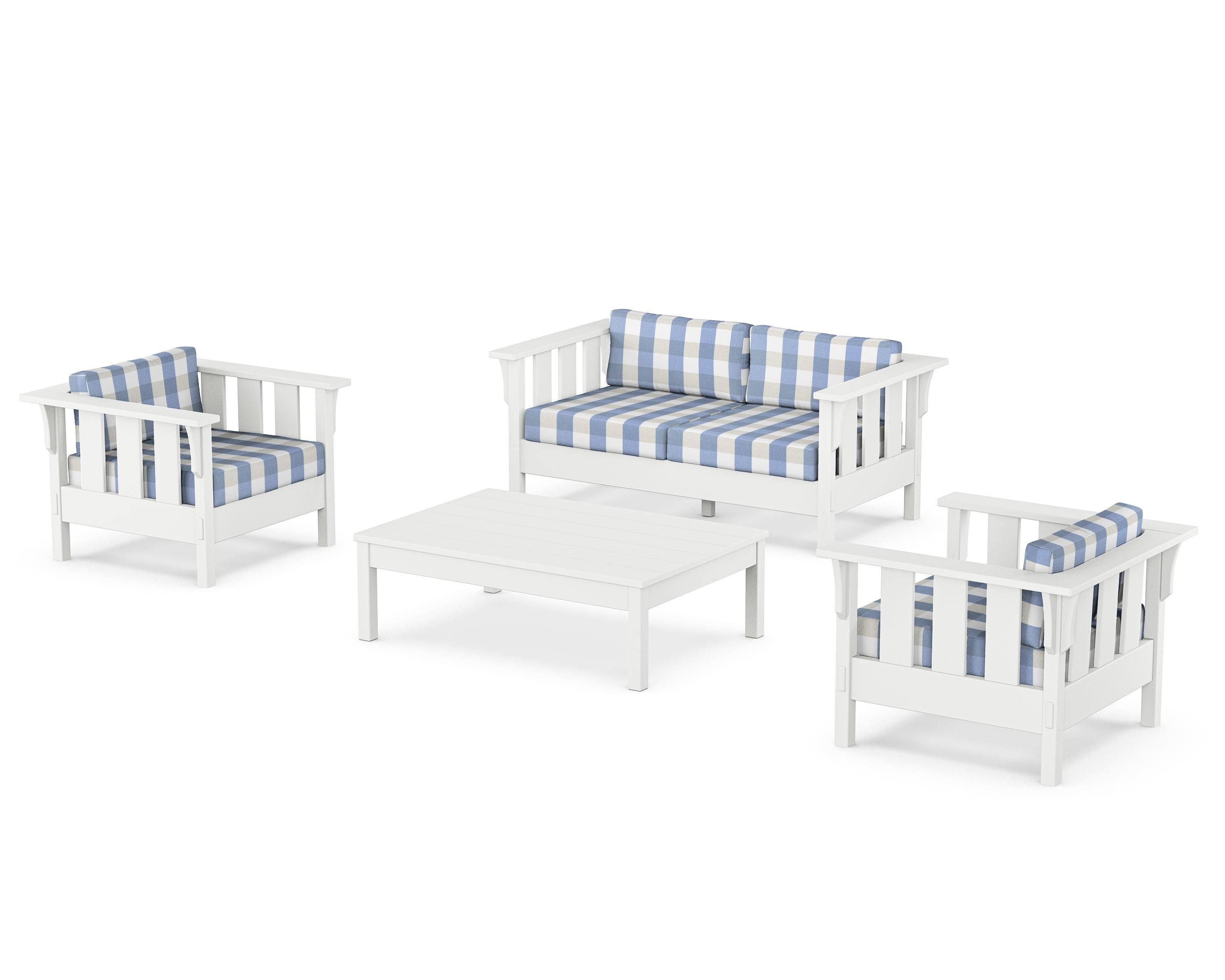 Martha Stewart by POLYWOOD® Acadia 4-Piece Deep Seating Set with Loveseat in White / Buffalo Plaid Sky Blue