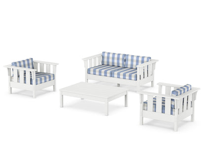 Martha Stewart by POLYWOOD® Acadia 4-Piece Deep Seating Set with Loveseat in White / Buffalo Plaid Sky Blue
