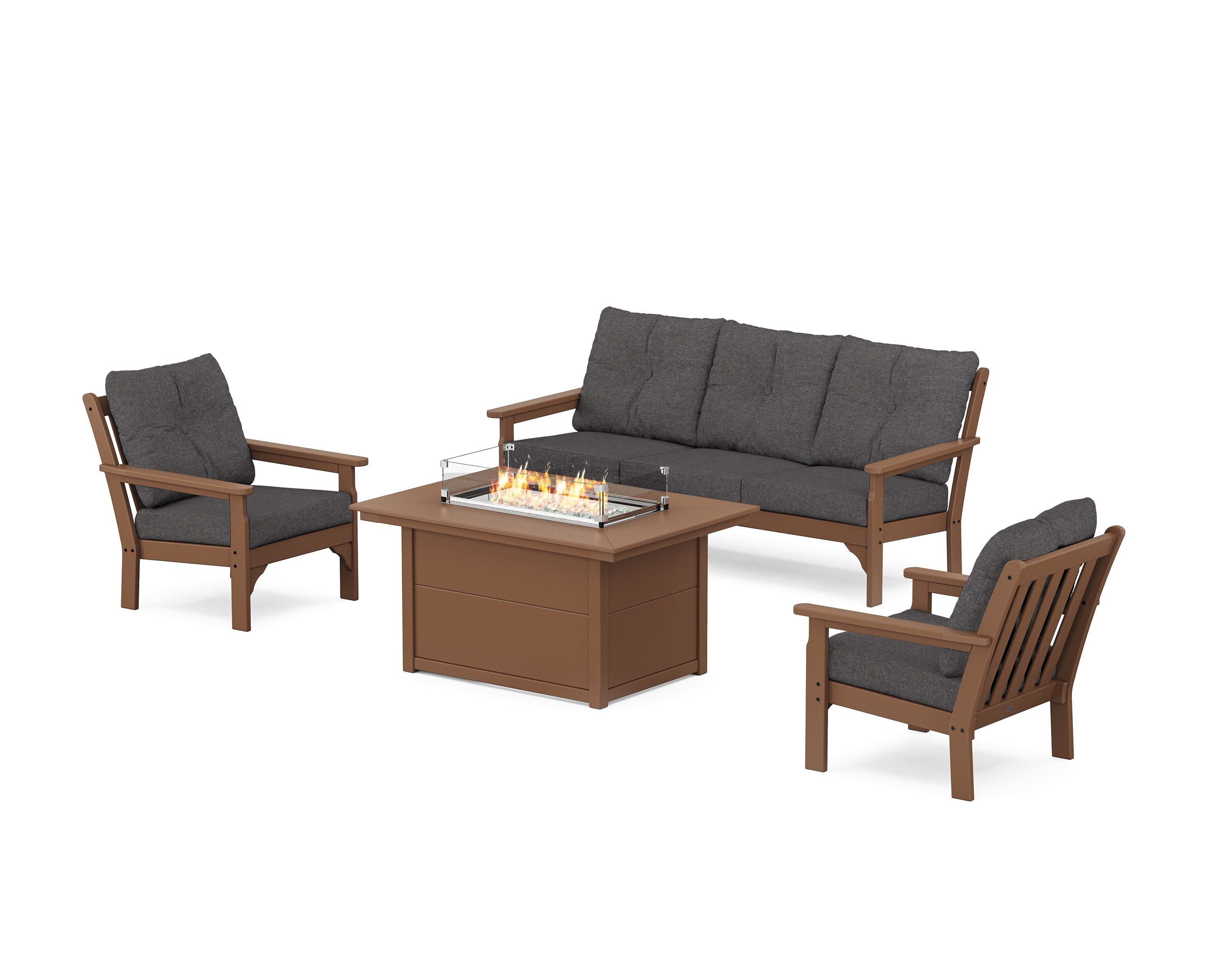 POLYWOOD® Vineyard Deep Seating Fire Pit Table Set in Teak / Ash Charcoal