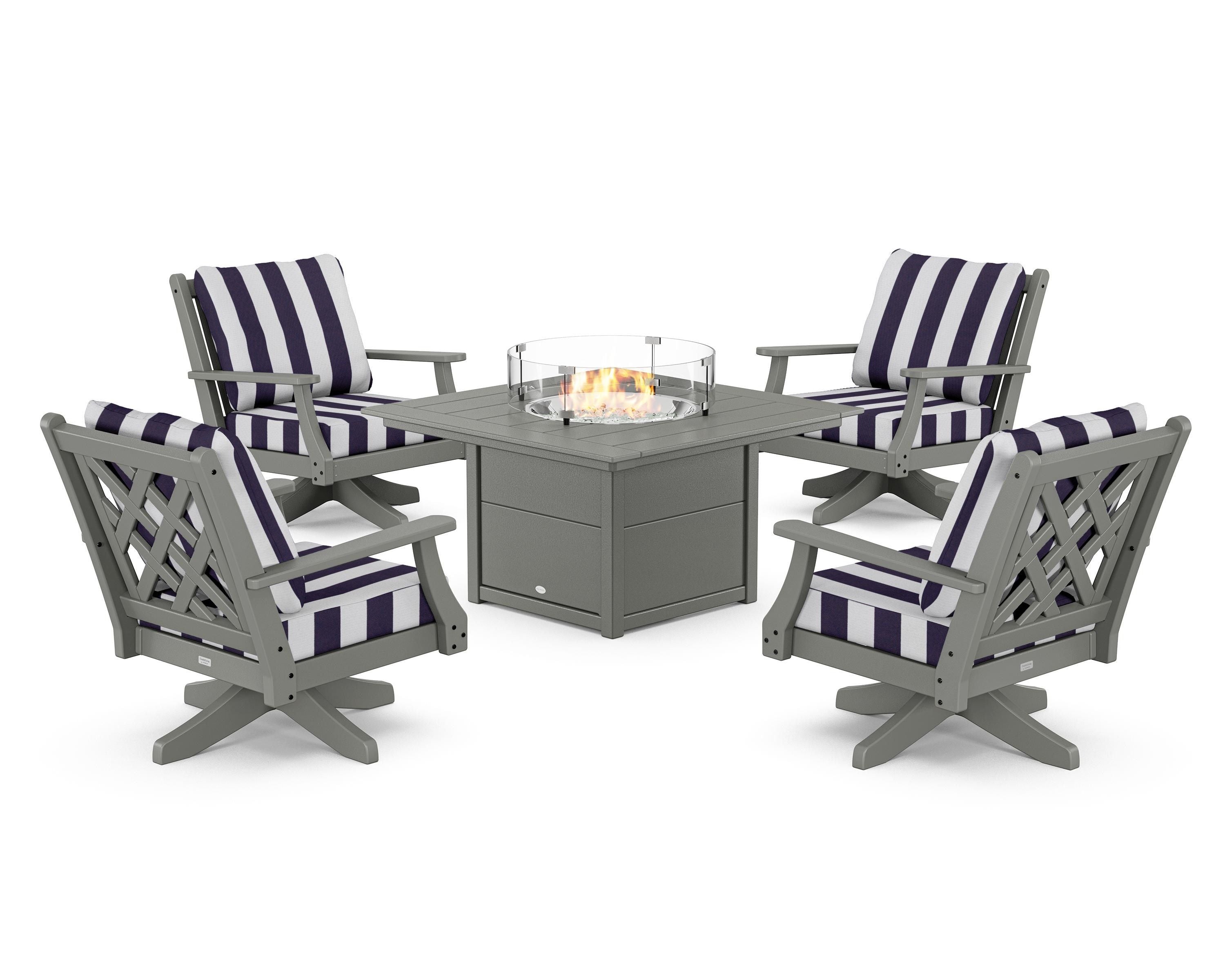 Country Living Wovendale 5-Piece Deep Seating Swivel Conversation Set with Fire Pit Table in Slate Grey / Cabana Stripe Navy