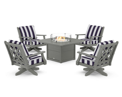 Country Living Wovendale 5-Piece Deep Seating Swivel Conversation Set with Fire Pit Table in Slate Grey / Cabana Stripe Navy