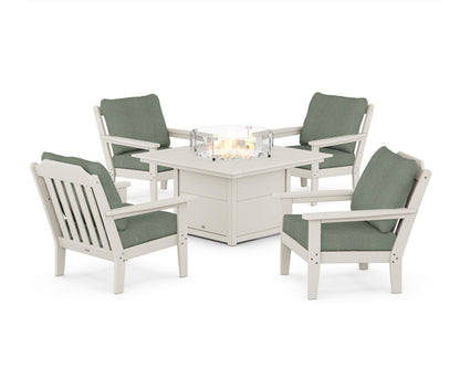 Country Living Cottage 5-Piece Deep Seating Set with Fire Pit Table in Sand / Cast Sage