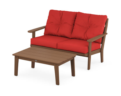 POLYWOOD® Lakeside 2-Piece Lounge Loveseat Set in Teak / Crimson Linen