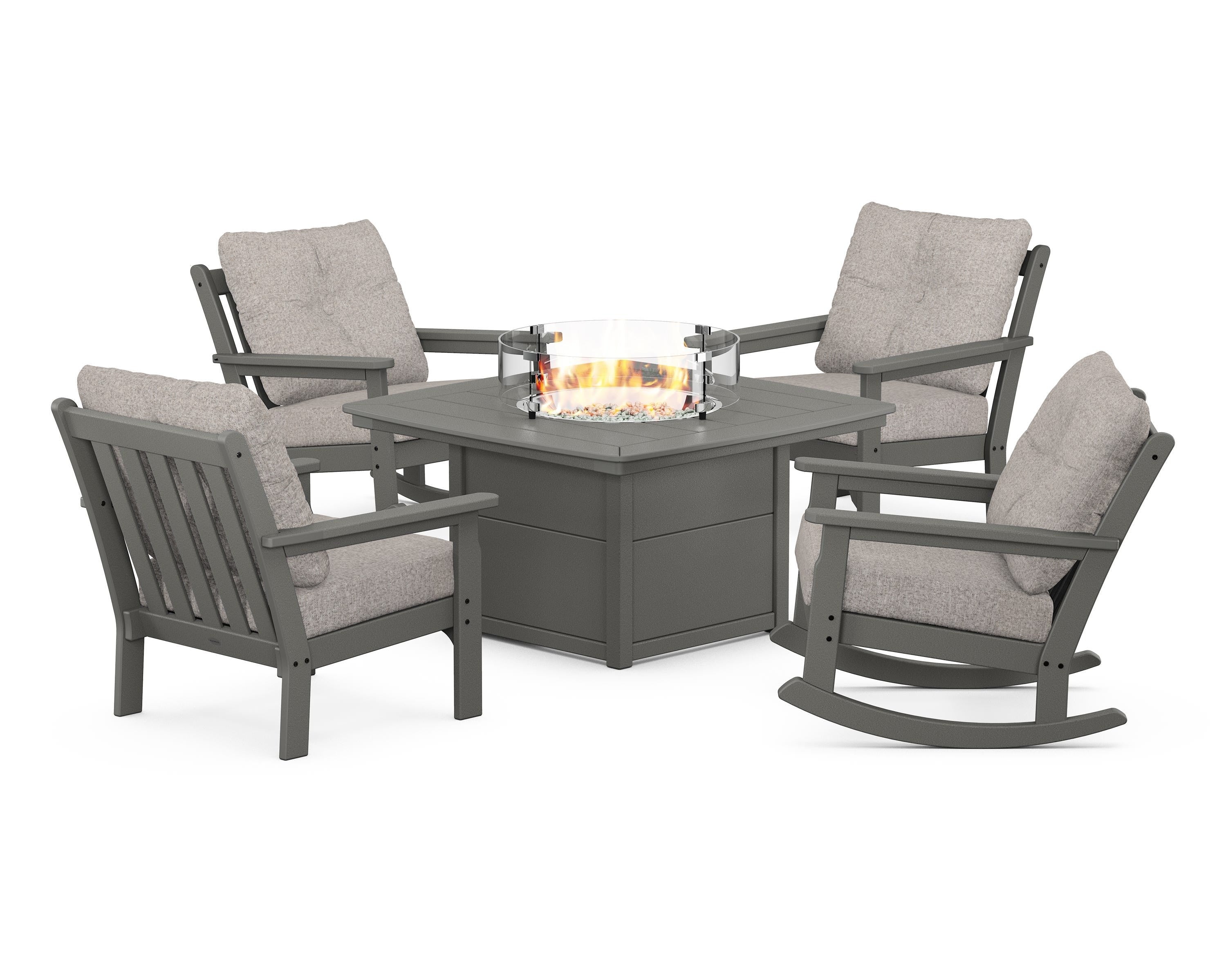 POLYWOOD® Vineyard 5-Piece Deep Seating Rocking Chair Conversation Set with Fire Pit Table in Slate Grey / Weathered Tweed