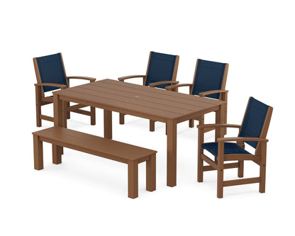 POLYWOOD® Coastal 6-Piece Parsons Dining Set with Bench in Teak / Navy Blue Sling