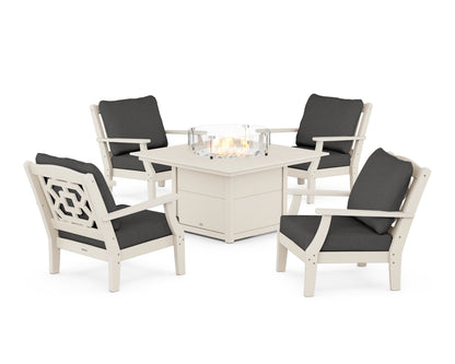Martha Stewart by POLYWOOD® Chinoiserie 5-Piece Deep Seating Set with Fire Pit Table in Sand / Spectrum Carbon