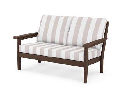 Country Living Cottage Deep Seating Loveseat in Mahogany / Cabana Stripe Dune Burlap