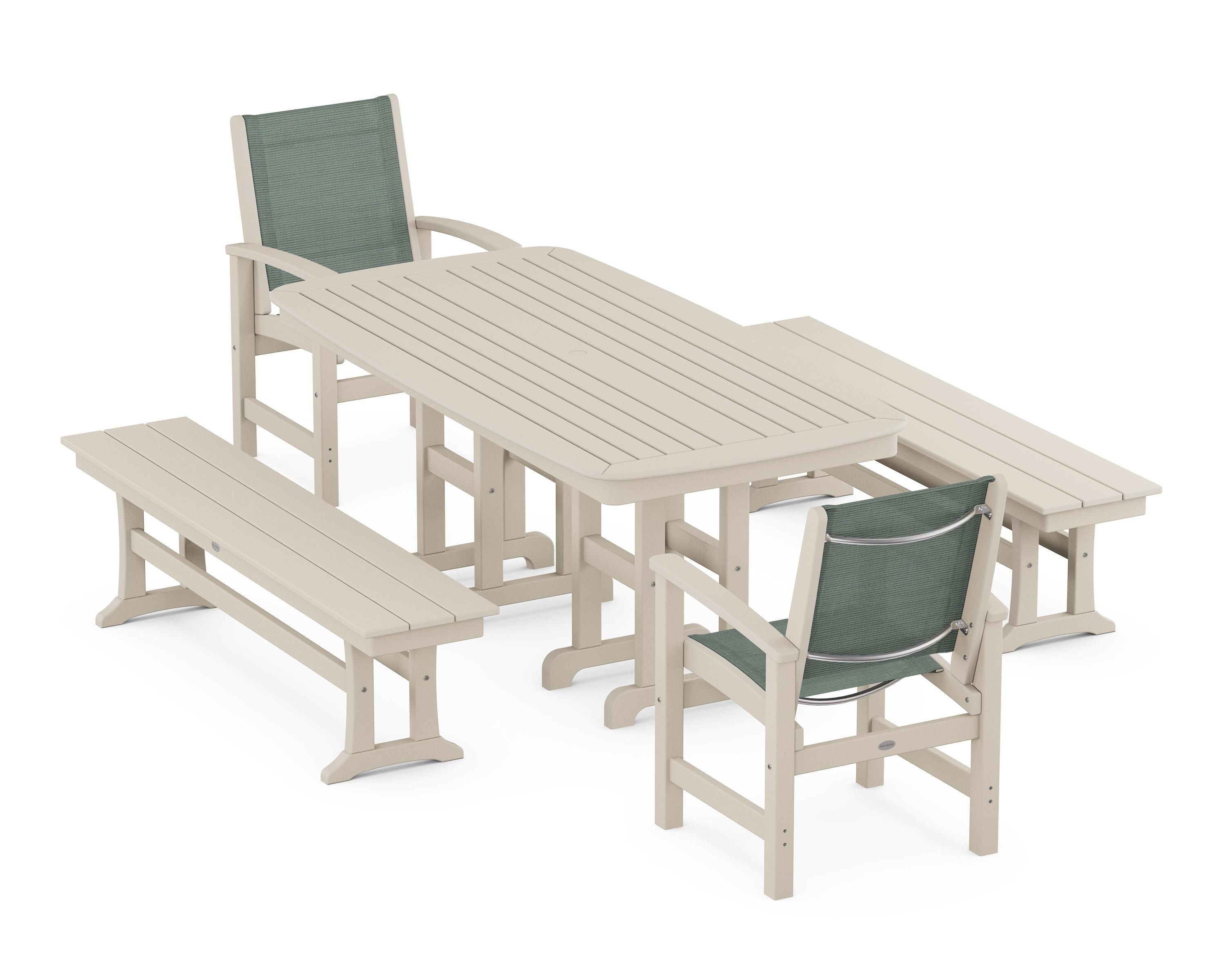 POLYWOOD® Coastal 5-Piece Dining Set in Sand / Dupioni Sea Mist Sling