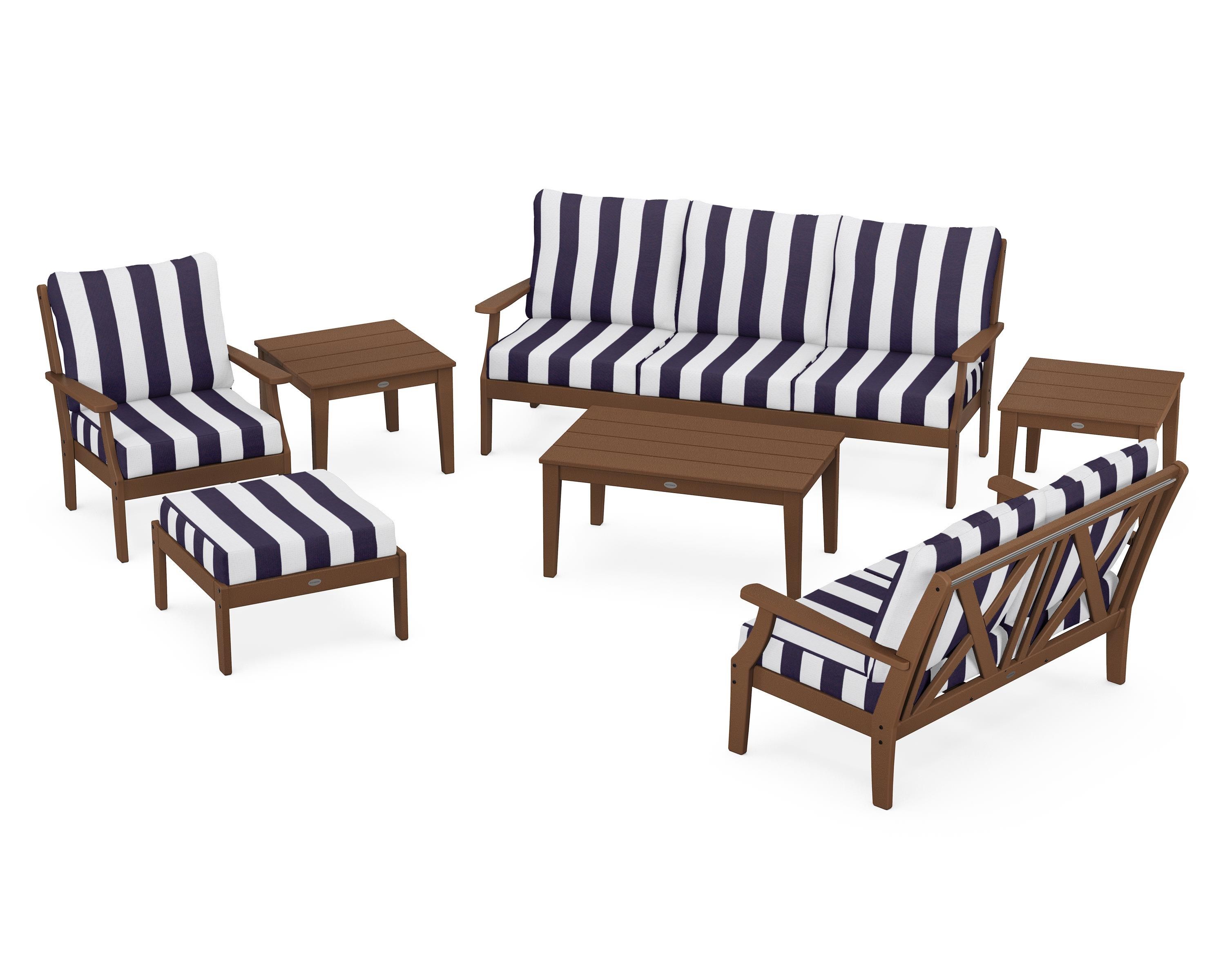 POLYWOOD® Braxton 7-Piece Deep Seating Set in Teak / Cabana Stripe Navy