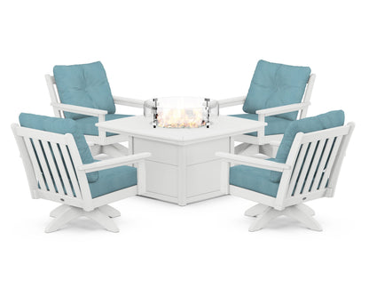 POLYWOOD® Vineyard 5-Piece Deep Seating Swivel Conversation Set with Fire Pit Table in White / Lattice Sky Blue