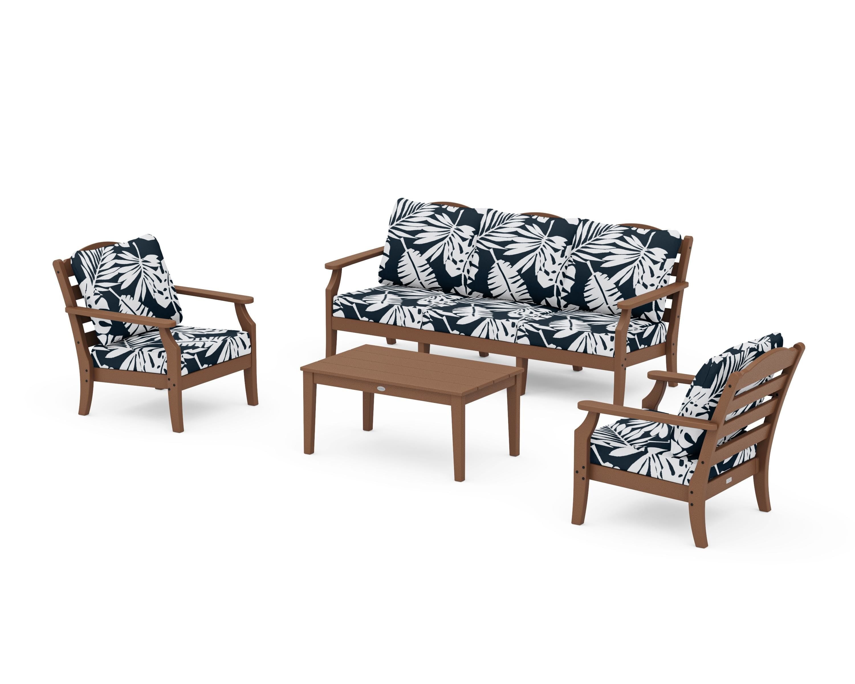 Draper James™ by  POLYWOOD® Savannah 4-Piece Deep Seating Set with Sofa in Teak / Leaf Marine Indigo