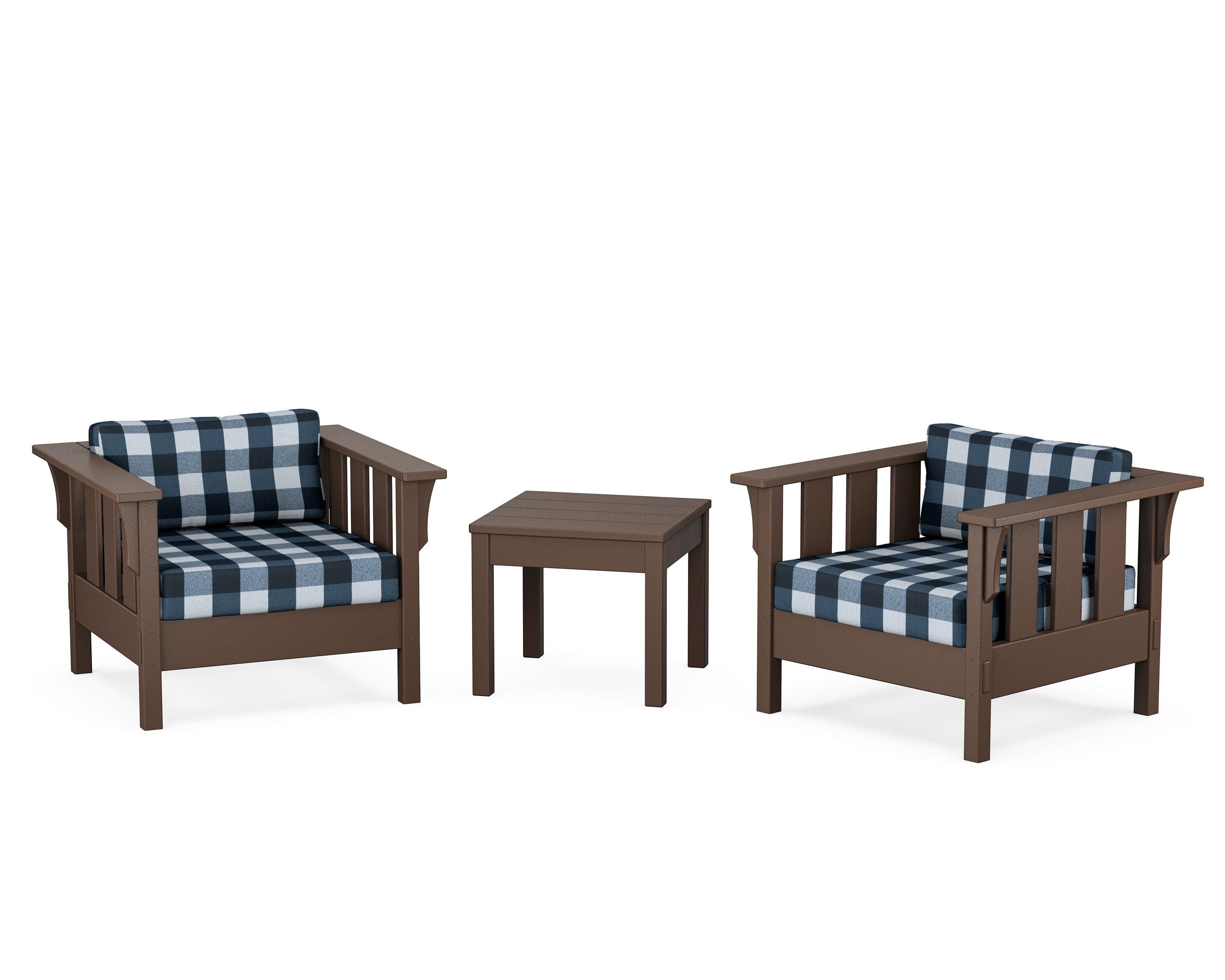 Martha Stewart by POLYWOOD® Acadia 3-Piece Deep Seating Set in Mahogany / Buffalo Plaid Marine Indigo