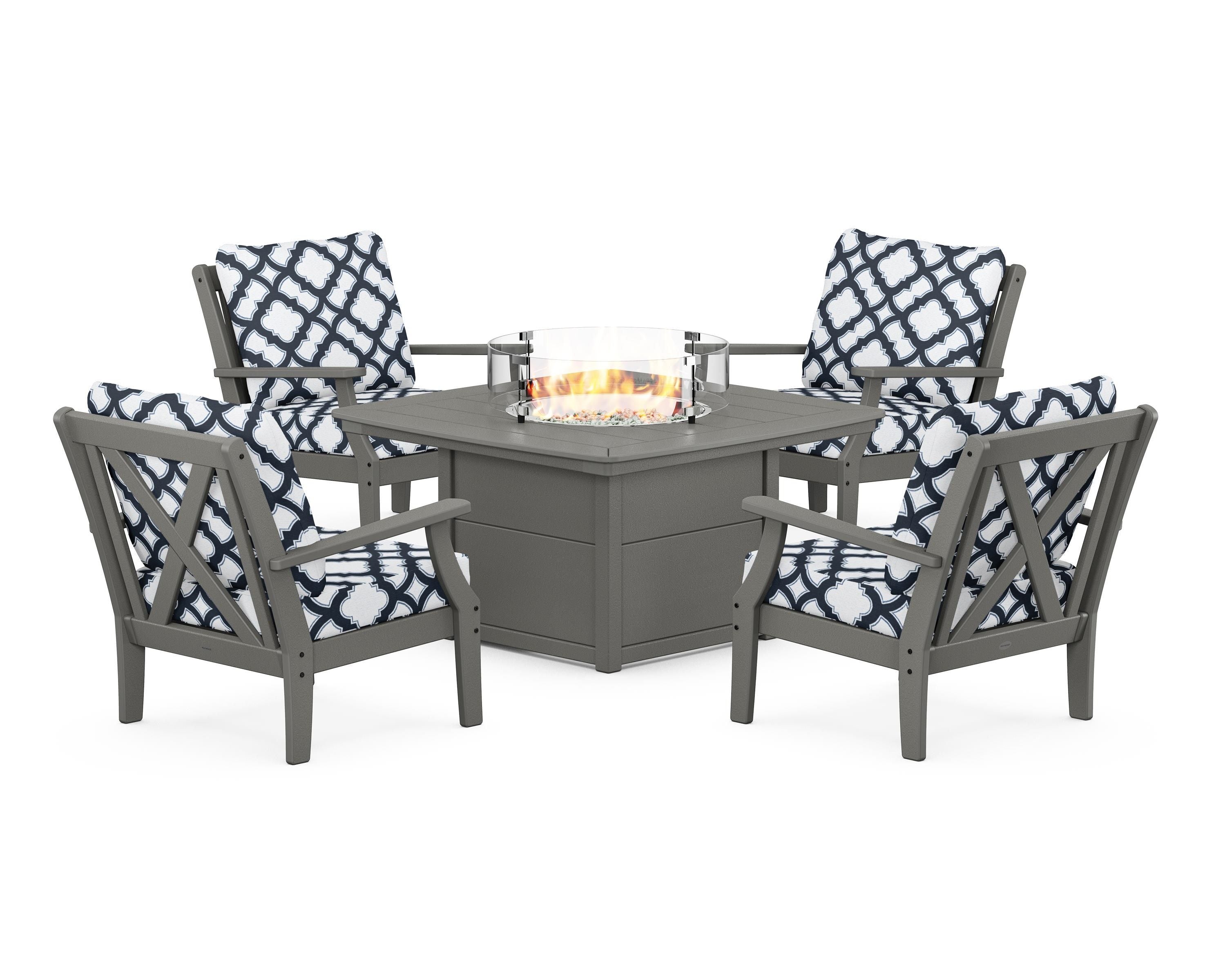 POLYWOOD® Braxton 5-Piece Deep Seating Conversation Set with Fire Pit Table in Slate Grey / Trellis Marine Indigo