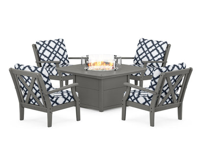 POLYWOOD® Braxton 5-Piece Deep Seating Conversation Set with Fire Pit Table in Slate Grey / Trellis Marine Indigo