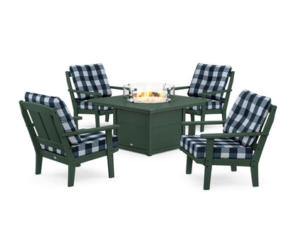 POLYWOOD® Mission 5-Piece Deep Seating Set with Fire Pit Table in Green / Buffalo Plaid Marine Indigo