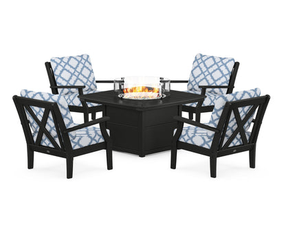 POLYWOOD® Braxton 5-Piece Deep Seating Conversation Set with Fire Pit Table in Black / Trellis Sky Blue