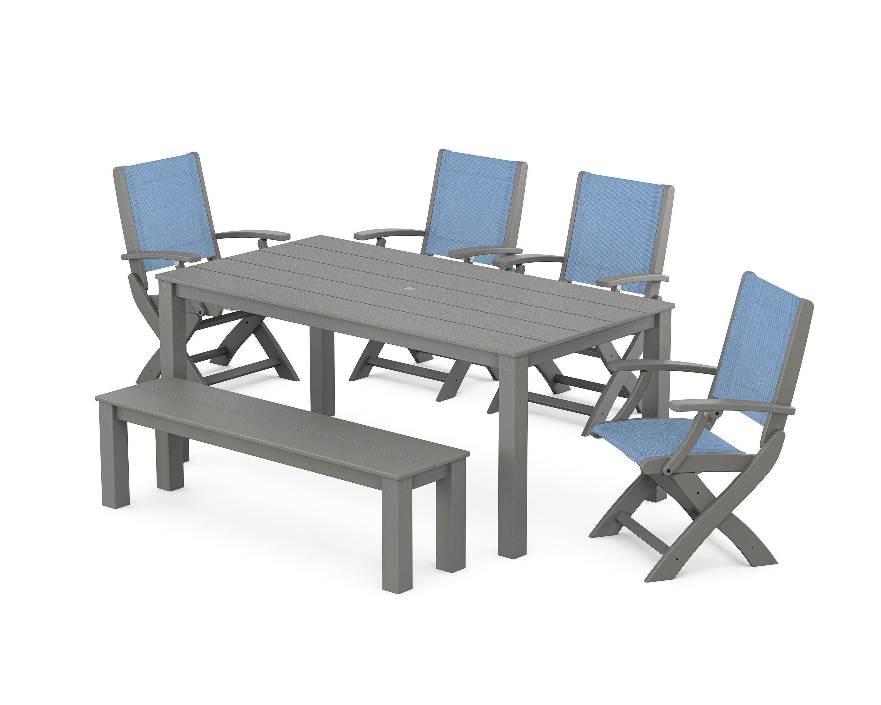 POLYWOOD® Coastal Folding Chair 6-Piece Parsons Dining Set with Bench in Slate Grey / Poolside Sling