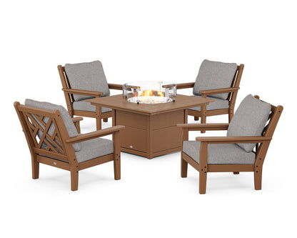 POLYWOOD® Chippendale 5-Piece Deep Seating Set with Fire Pit Table in Teak / Grey Mist