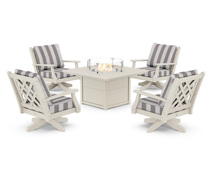 Country Living Wovendale 5-Piece Deep Seating Swivel Conversation Set with Fire Pit Table in Sand / Cabana Stripe Grey Mist