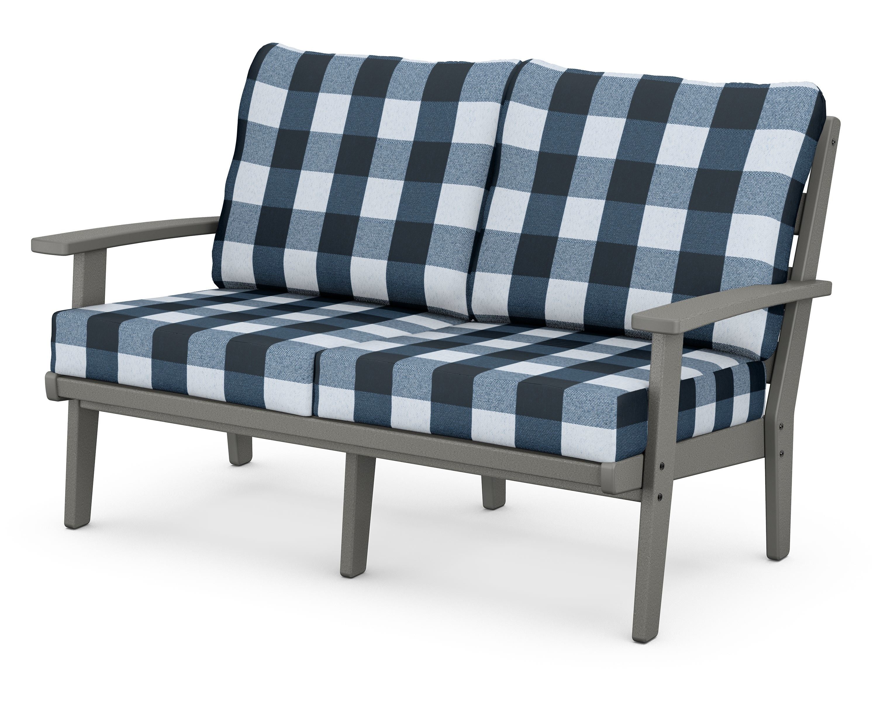 POLYWOOD® Grant Park Deep Seating Loveseat in Slate Grey / Buffalo Plaid Marine Indigo