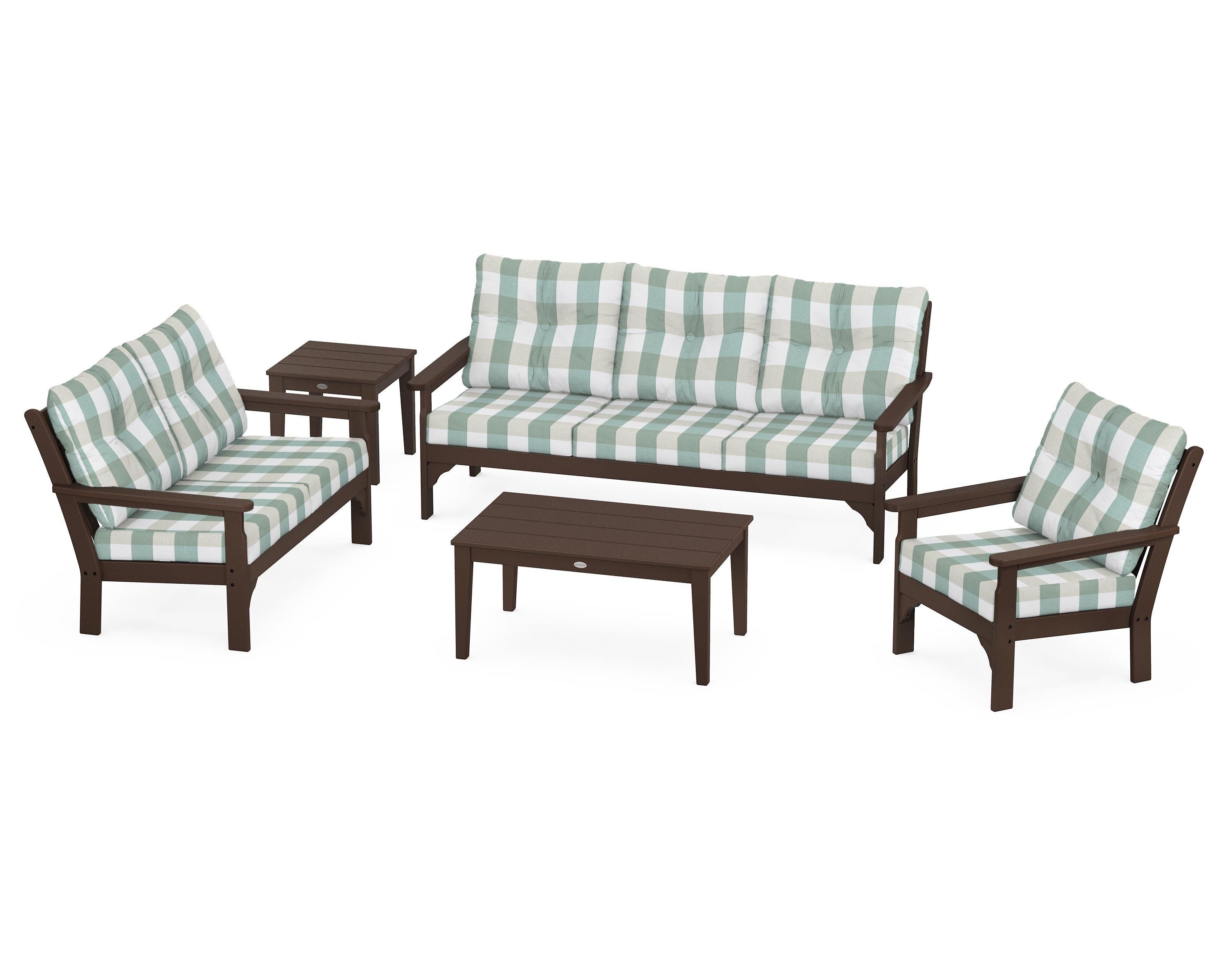 POLYWOOD® Vineyard 5 Piece Deep Seating Set in Mahogany / Buffalo Plaid Glacier Spa