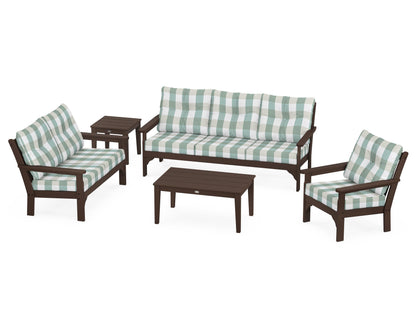 POLYWOOD® Vineyard 5 Piece Deep Seating Set in Mahogany / Buffalo Plaid Glacier Spa