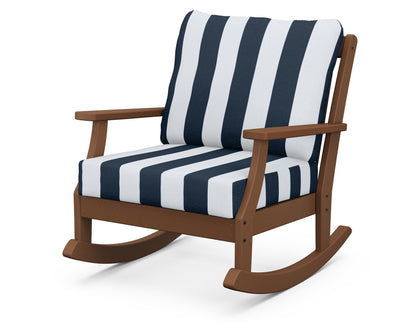 POLYWOOD® Braxton Deep Seating Rocking Chair in Teak / Cabana Stripe Marine Indigo