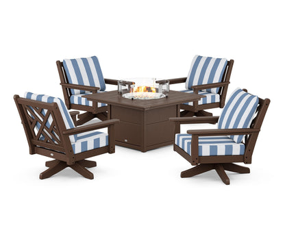 POLYWOOD® Chippendale 5-Piece Deep Seating Swivel Conversation Set with Fire Pit Table in Mahogany / Cabana Stripe Sky Blue