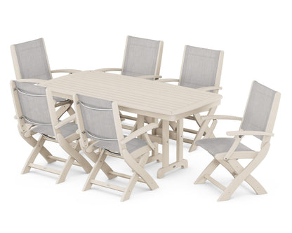 POLYWOOD® Coastal Folding Arm Chair 7-Piece Dining Set in Sand / Parchment Sling